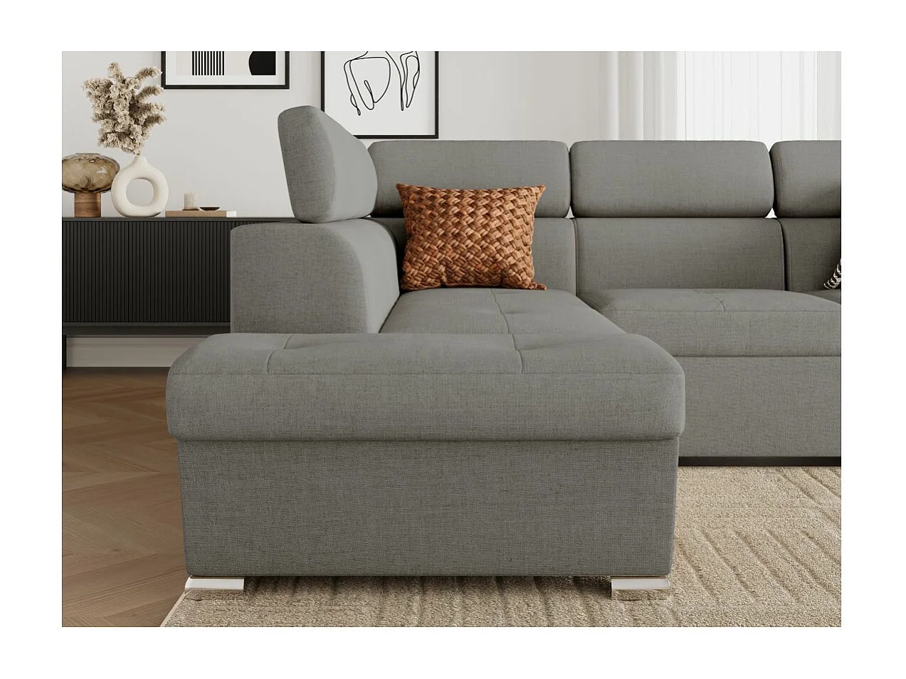 Canapé d'angle gauche convertible 4 places Paola avec coffre en tissu - Gris clair - L252 x P188 x H76cm - Loungitude