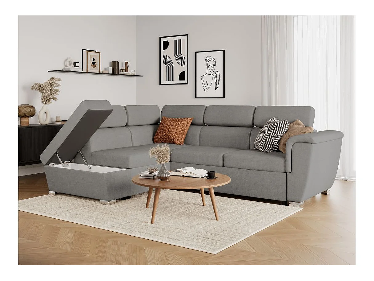 Canapé d'angle convertible 4 places avec coffre en tissu gris clair