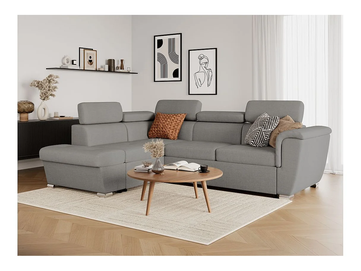 Canapé d'angle convertible 4 places avec coffre en tissu gris clair