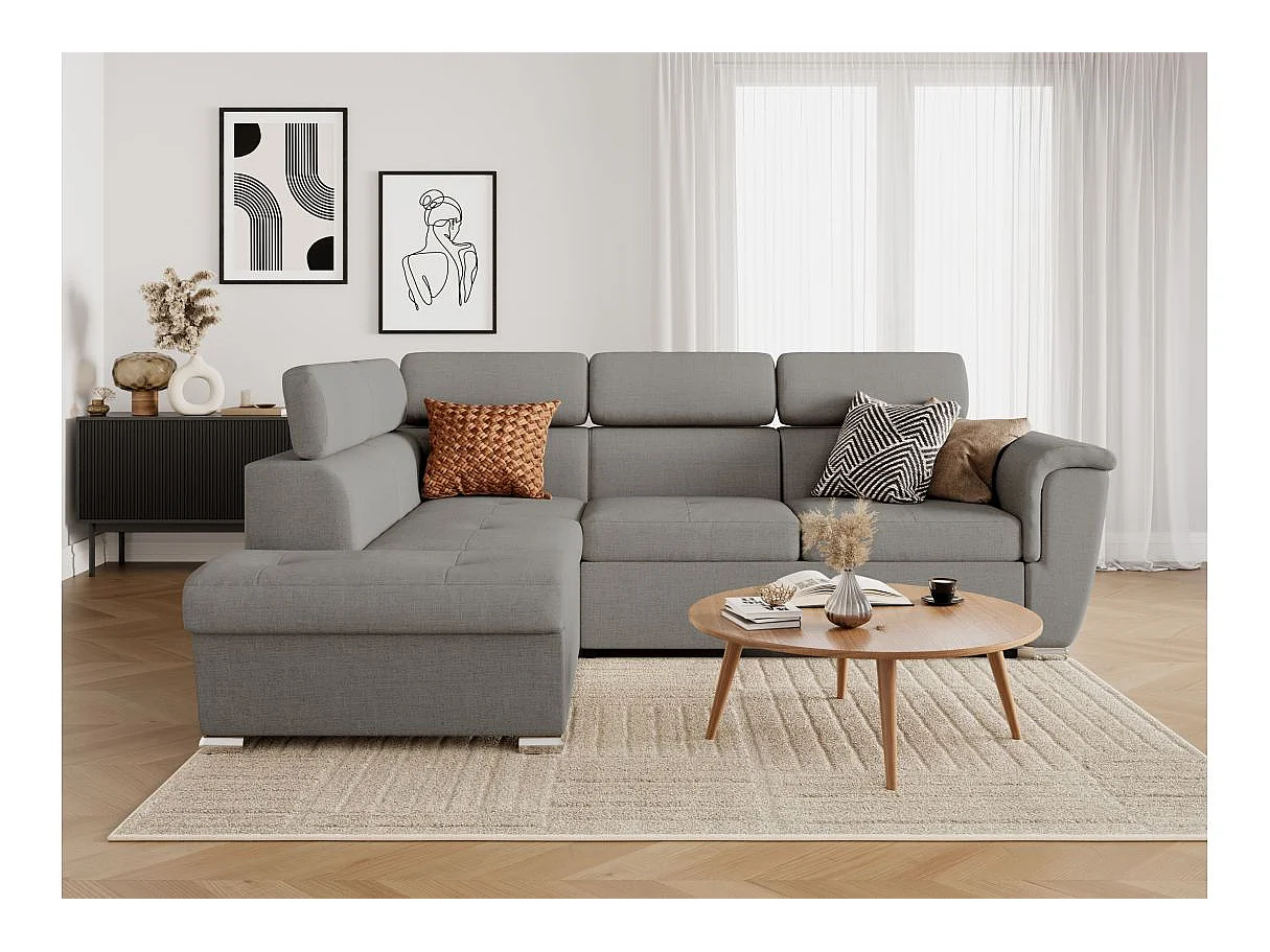 Canapé d'angle convertible 4 places avec coffre en tissu gris clair