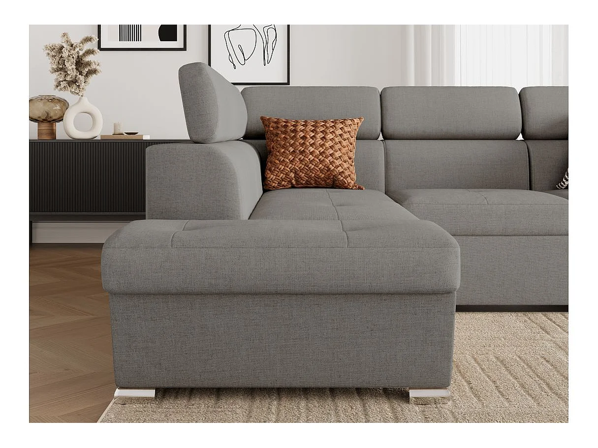 Canapé d'angle convertible 4 places avec coffre en tissu gris clair