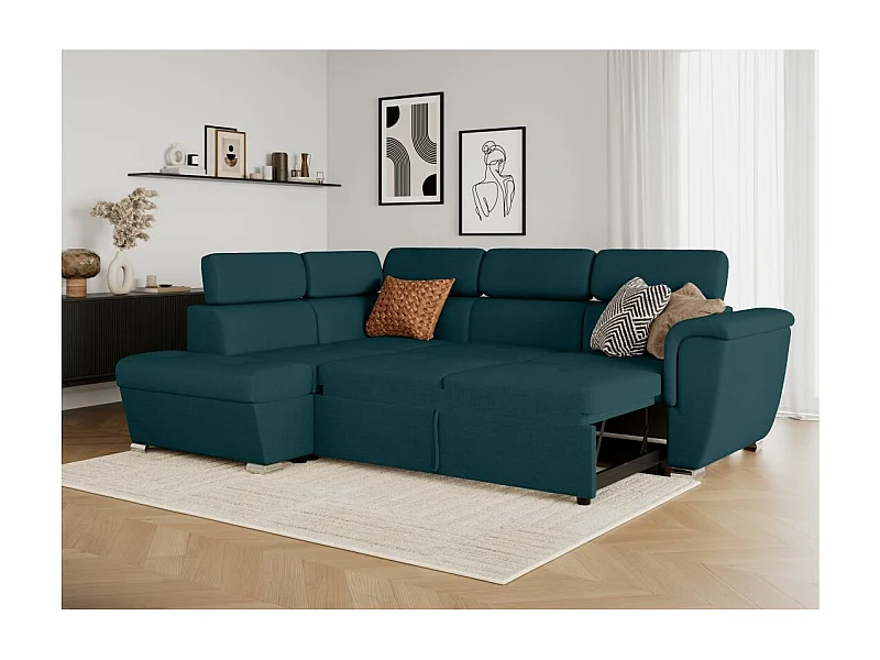 Canapé d'angle gauche convertible 4 places Paola avec coffre en tissu - Bleu pétrole - L252 x P188 x H76cm - Loungitude