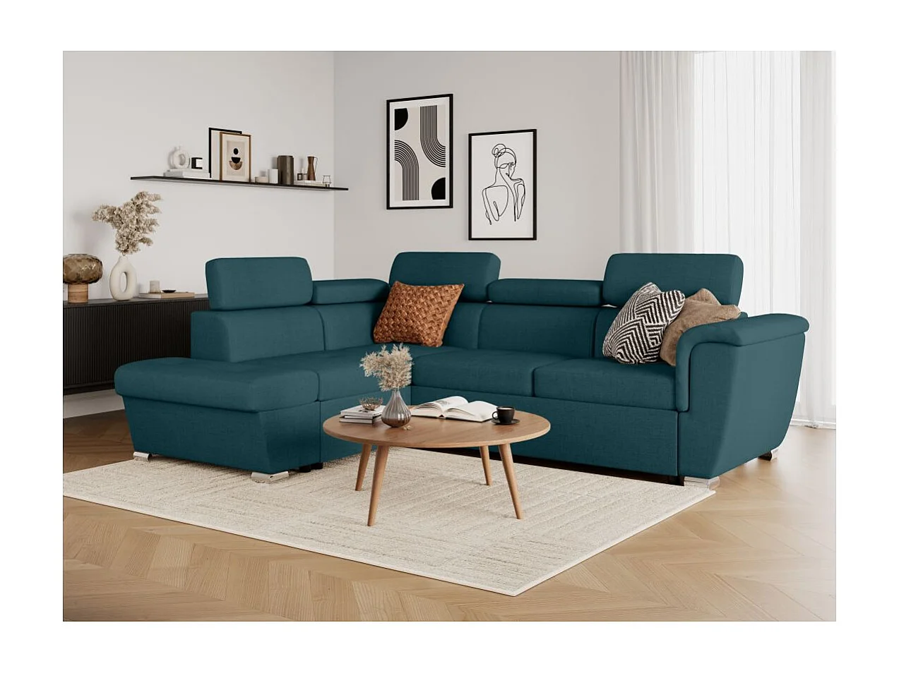 Canapé d'angle gauche convertible 4 places Paola avec coffre en tissu - Bleu pétrole - L252 x P188 x H76cm - Loungitude