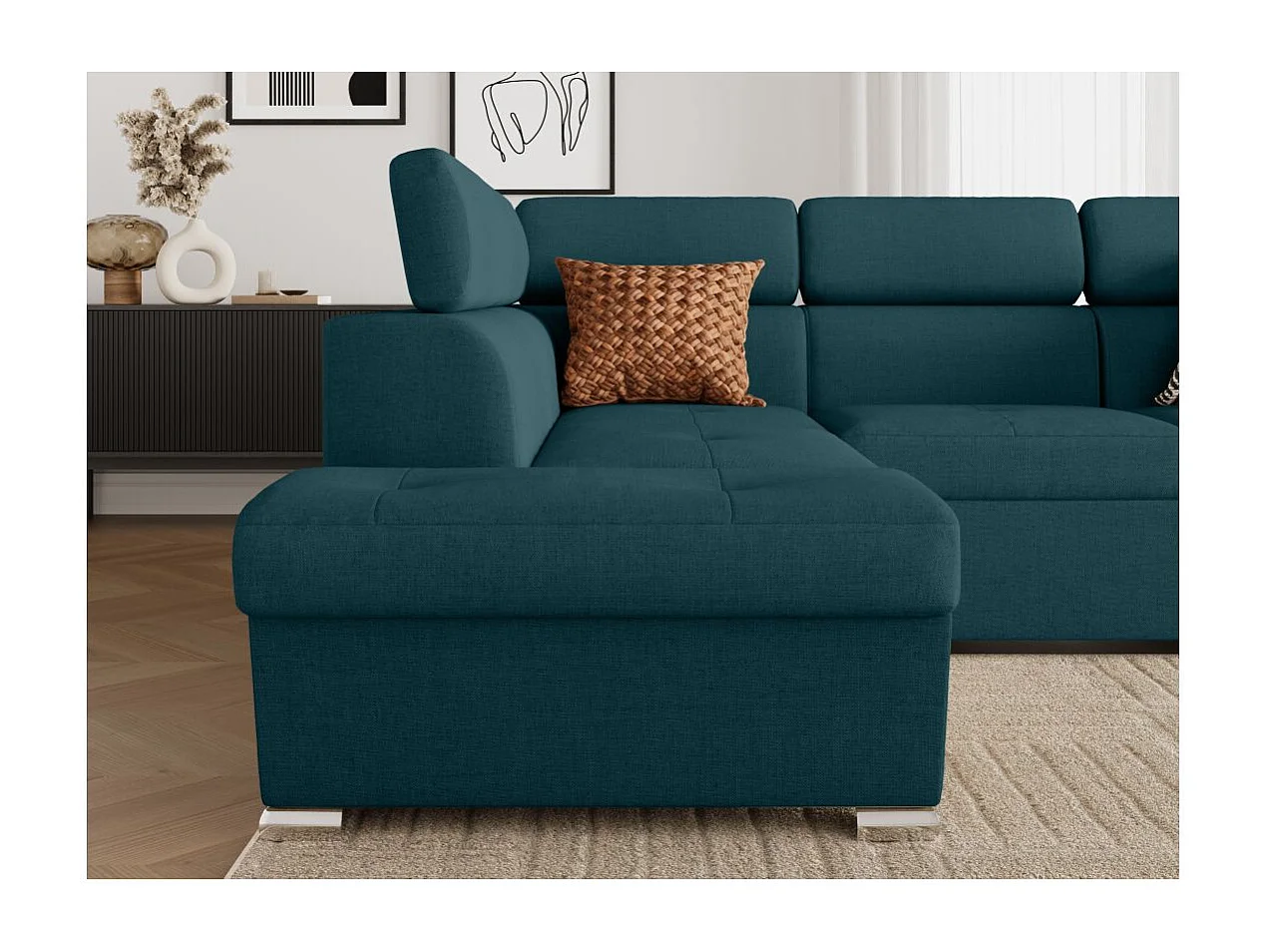 Canapé d'angle gauche convertible 4 places Paola avec coffre en tissu - Bleu pétrole - L252 x P188 x H76cm - Loungitude