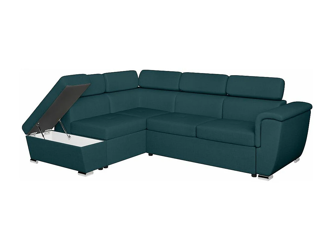 Canapé d'angle gauche convertible 4 places Paola avec coffre en tissu - Bleu pétrole - L252 x P188 x H76cm - Loungitude