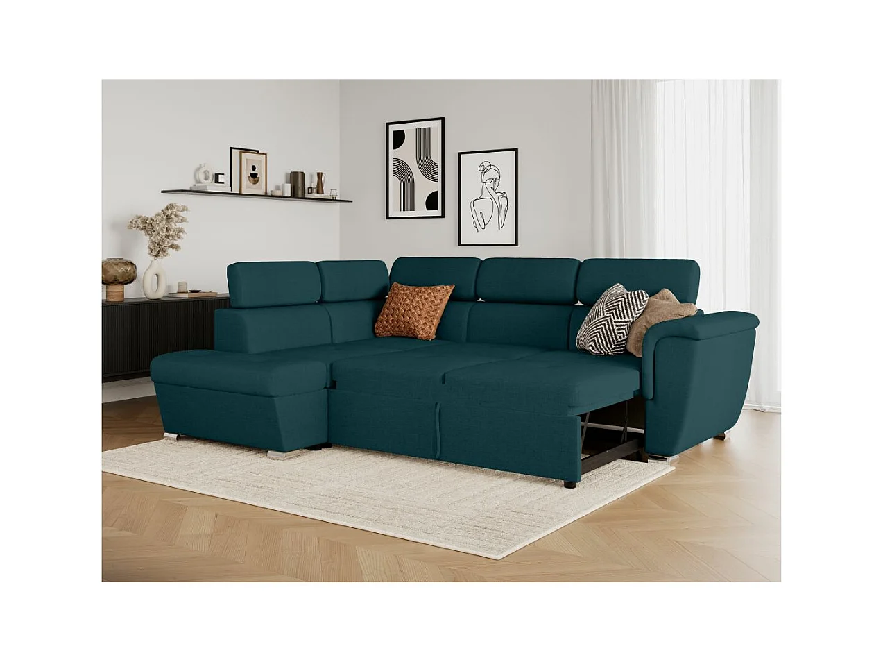 Canapé d'angle gauche convertible 4 places Paola avec coffre en tissu - Bleu pétrole - L252 x P188 x H76cm - Loungitude