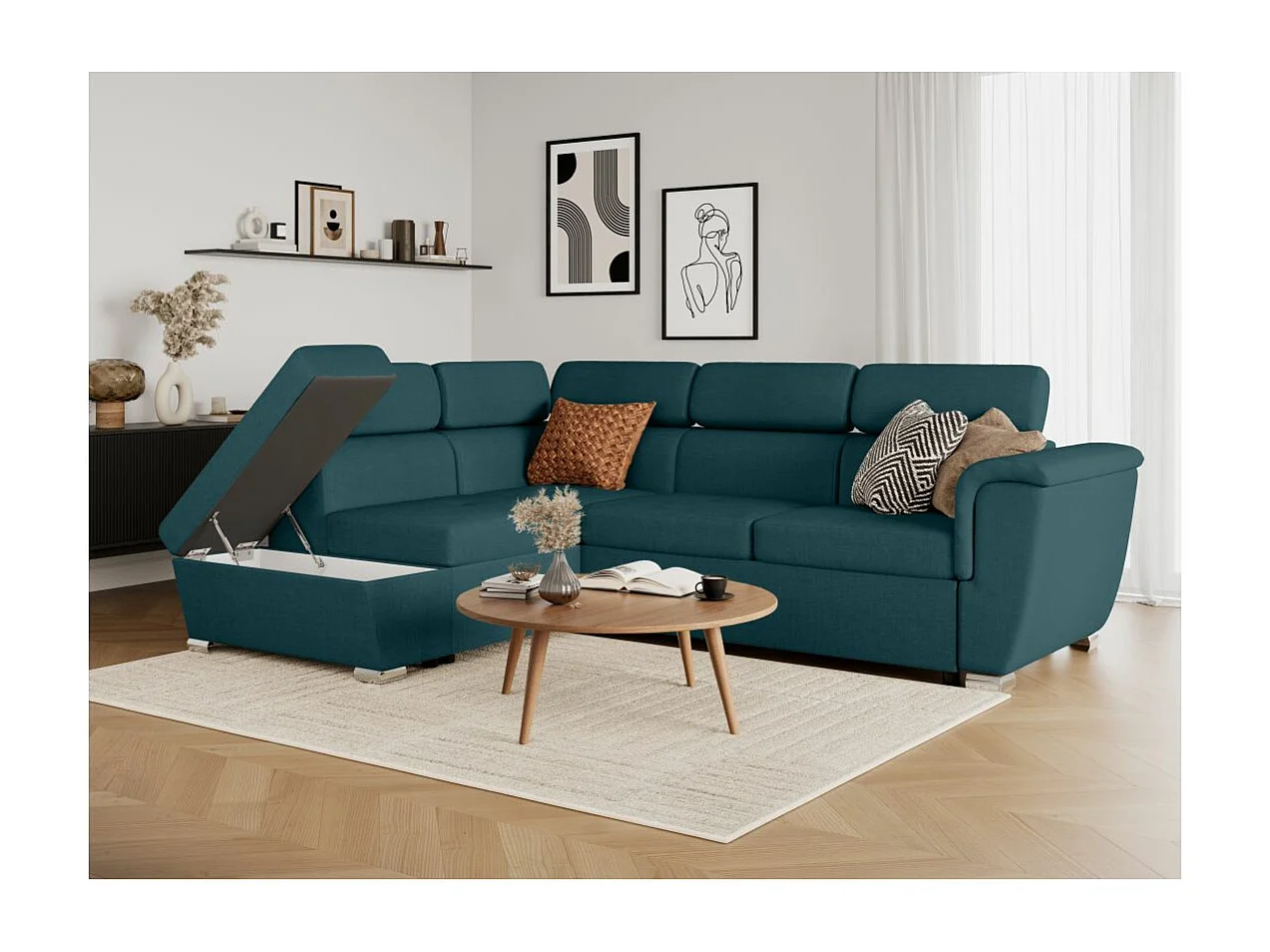 Canapé d'angle gauche convertible 4 places Paola avec coffre en tissu - Bleu pétrole - L252 x P188 x H76cm - Loungitude