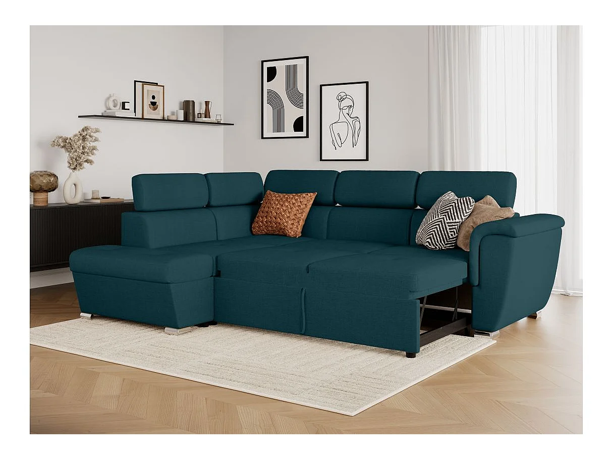 Canapé d'angle gauche convertible 4 places Paola avec coffre en tissu - Bleu pétrole - L252 x P188 x H76cm - Loungitude