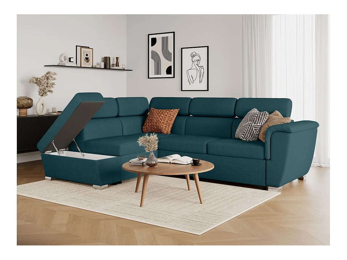 Canapé d'angle gauche convertible 4 places Paola avec coffre en tissu - Bleu pétrole - L252 x P188 x H76cm - Loungitude