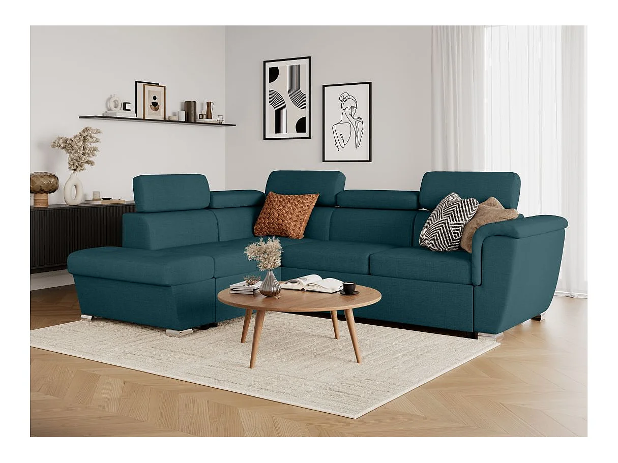 Canapé d'angle gauche convertible 4 places Paola avec coffre en tissu - Bleu pétrole - L252 x P188 x H76cm - Loungitude