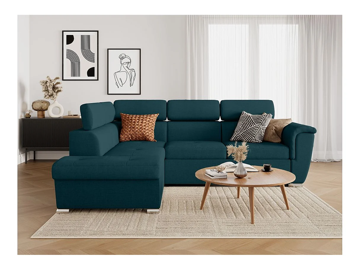 Canapé d'angle gauche convertible 4 places Paola avec coffre en tissu - Bleu pétrole - L252 x P188 x H76cm - Loungitude