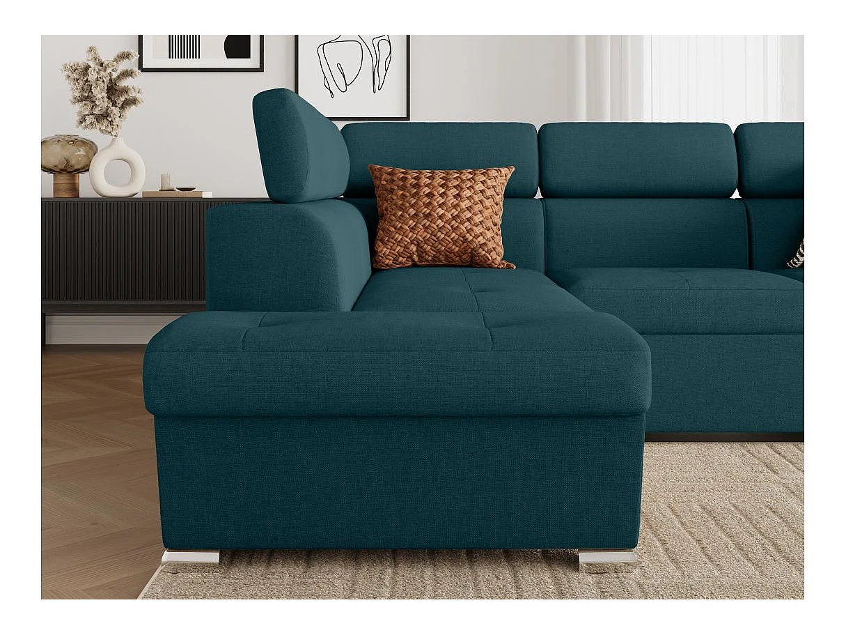 Canapé d'angle gauche convertible 4 places Paola avec coffre en tissu - Bleu pétrole - L252 x P188 x H76cm - Loungitude