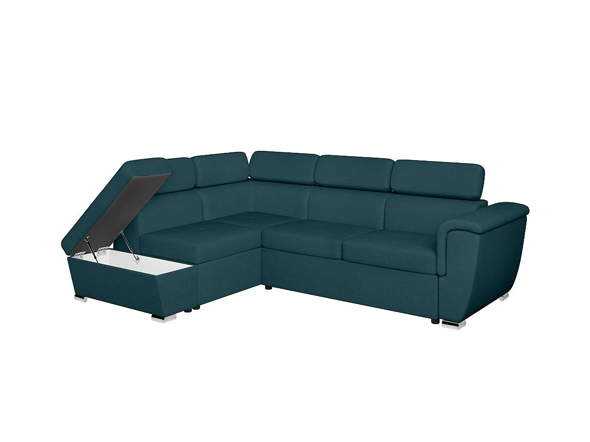 Canapé d'angle gauche convertible 4 places Paola avec coffre en tissu - Bleu pétrole - L252 x P188 x H76cm - Loungitude