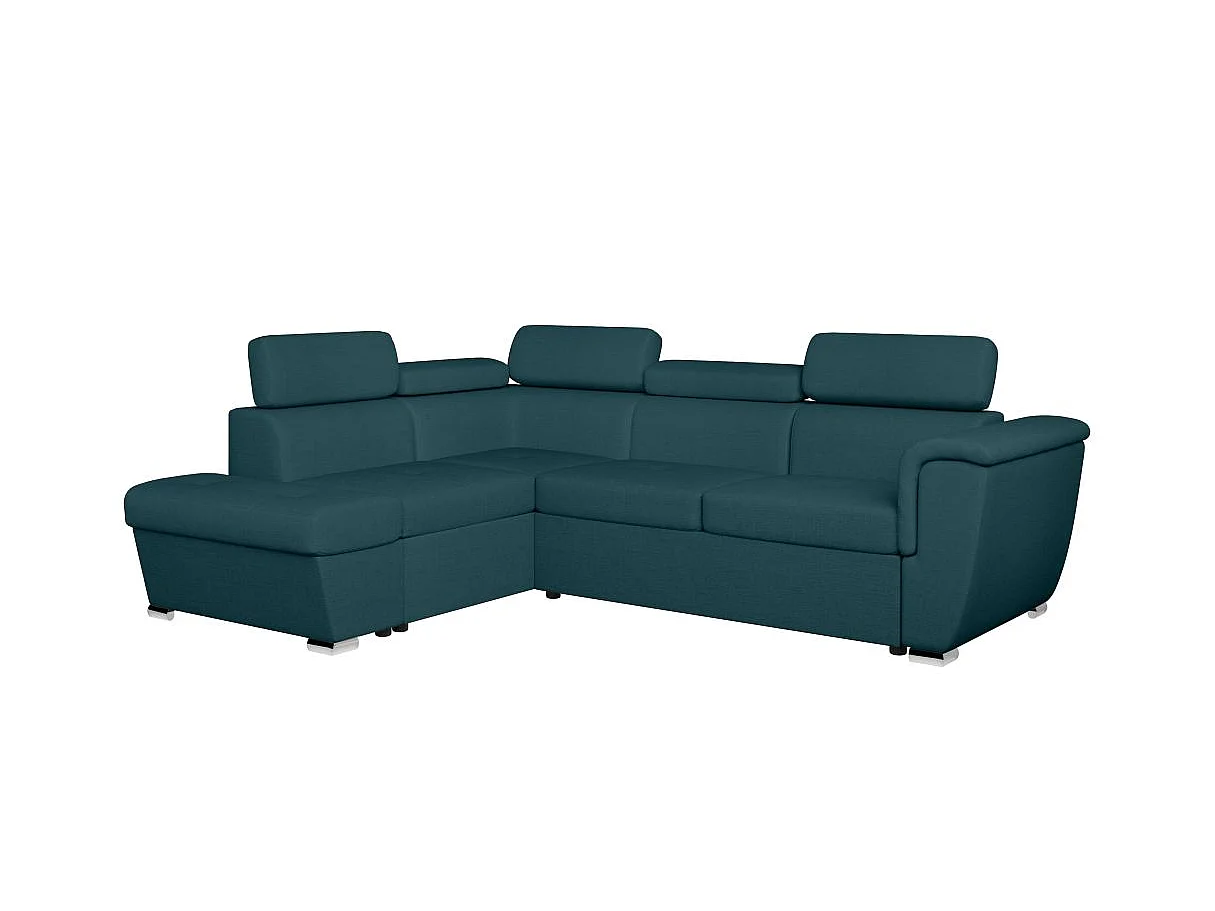Canapé d'angle gauche convertible 4 places Paola avec coffre en tissu - Bleu pétrole - L252 x P188 x H76cm - Loungitude