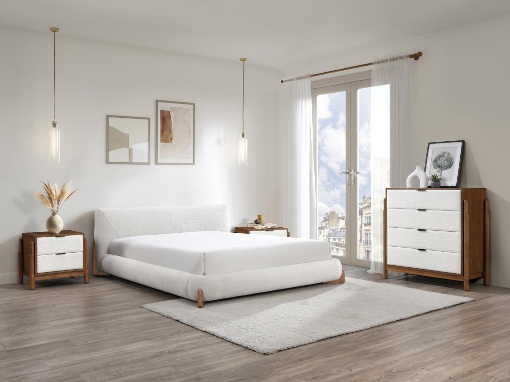 Lit 140 x 190 cm - Tissu bouclette - Blanc et naturel + Matelas - GAMURA