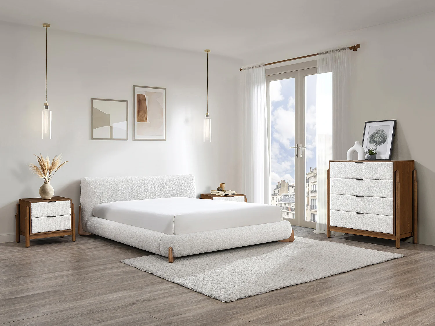 Lit 140 x 190 cm - Tissu bouclette - Blanc et naturel + Matelas - GAMURA
