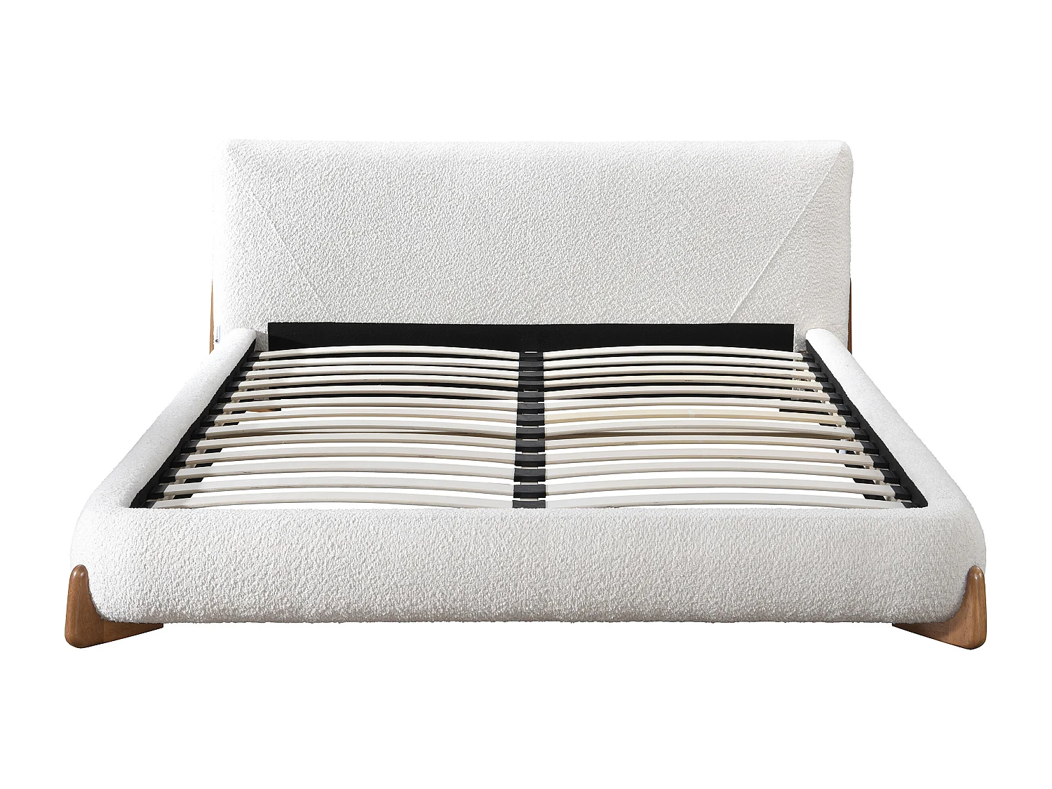 Bett + Matratze - 160 x 200 cm - Bouclé-Stoff - Weiß & Holzfarben - GAMURA