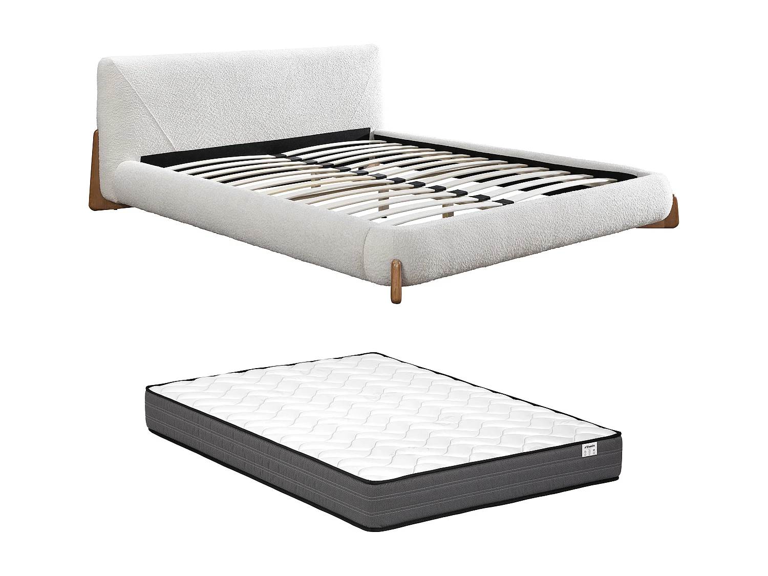 Lit 160 x 200 cm - Tissu bouclette - Blanc et naturel + Matelas - GAMURA