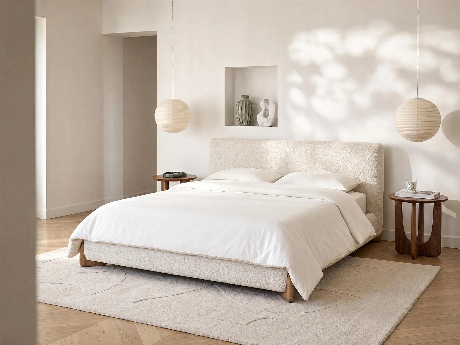 Bed 63 x 200 cm - Boucle Fabric - White and Natural + Mattress - GAMURA