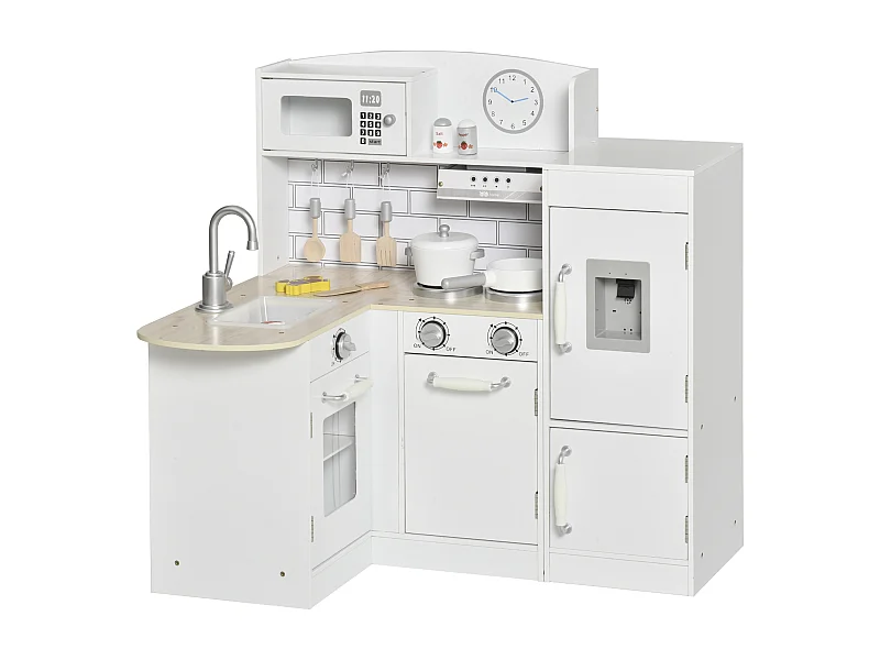 Cuisine bois jeu d'imitation - cuisine enfant - nombreux accessoires & rangements inclus - MDF pin blanc