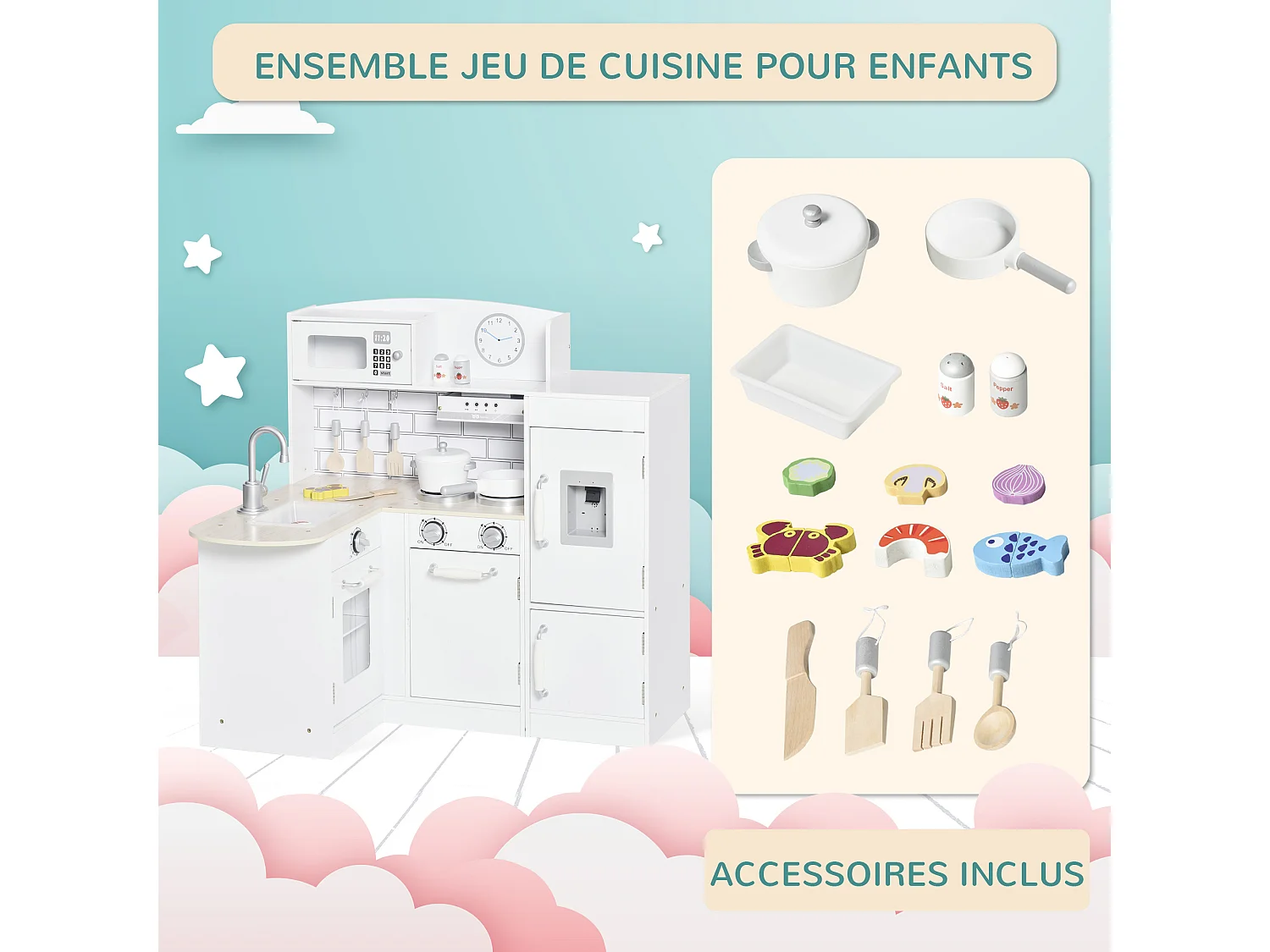 Cuisine bois jeu d'imitation - cuisine enfant - nombreux accessoires & rangements inclus - MDF pin blanc