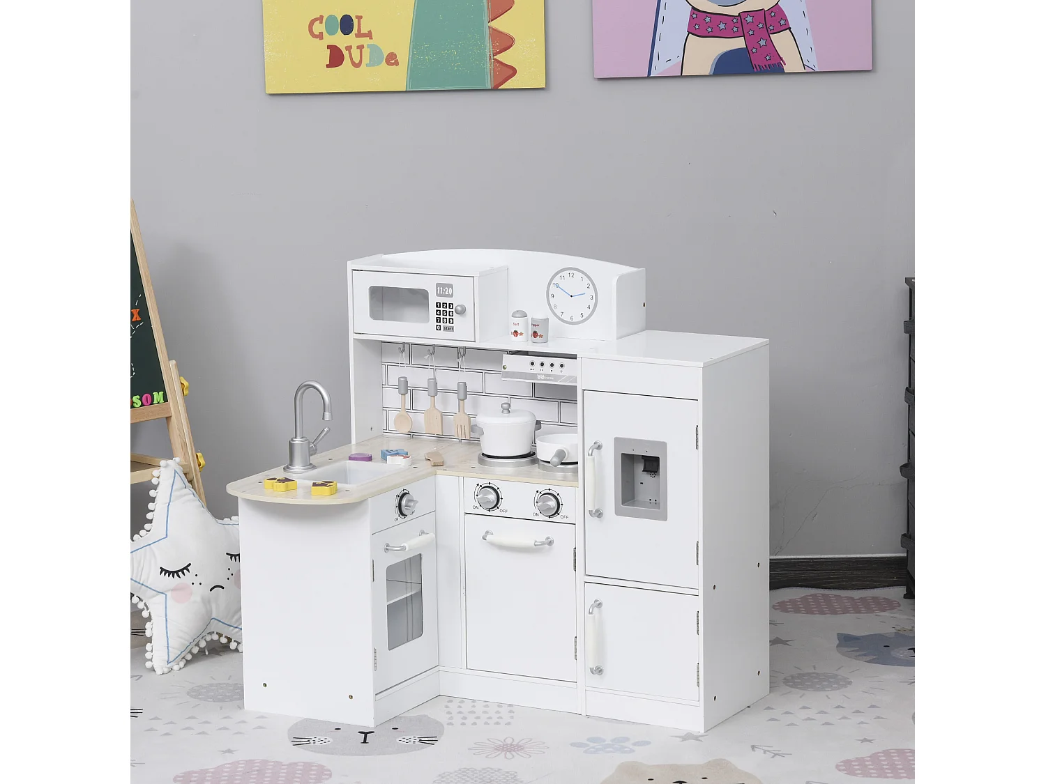 Cuisine bois jeu d'imitation - cuisine enfant - nombreux accessoires & rangements inclus - MDF pin blanc