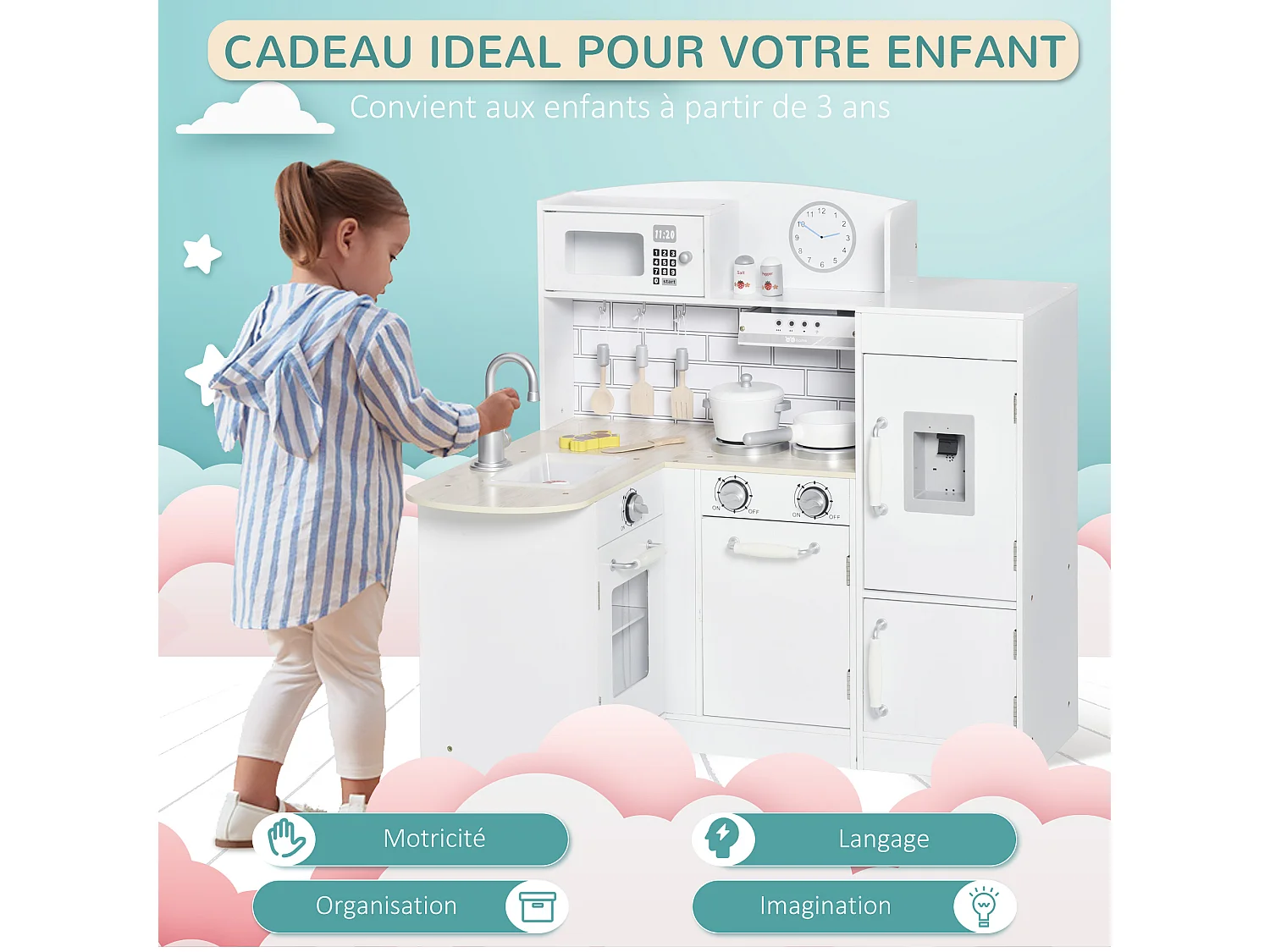 Cuisine bois jeu d'imitation - cuisine enfant - nombreux accessoires & rangements inclus - MDF pin blanc