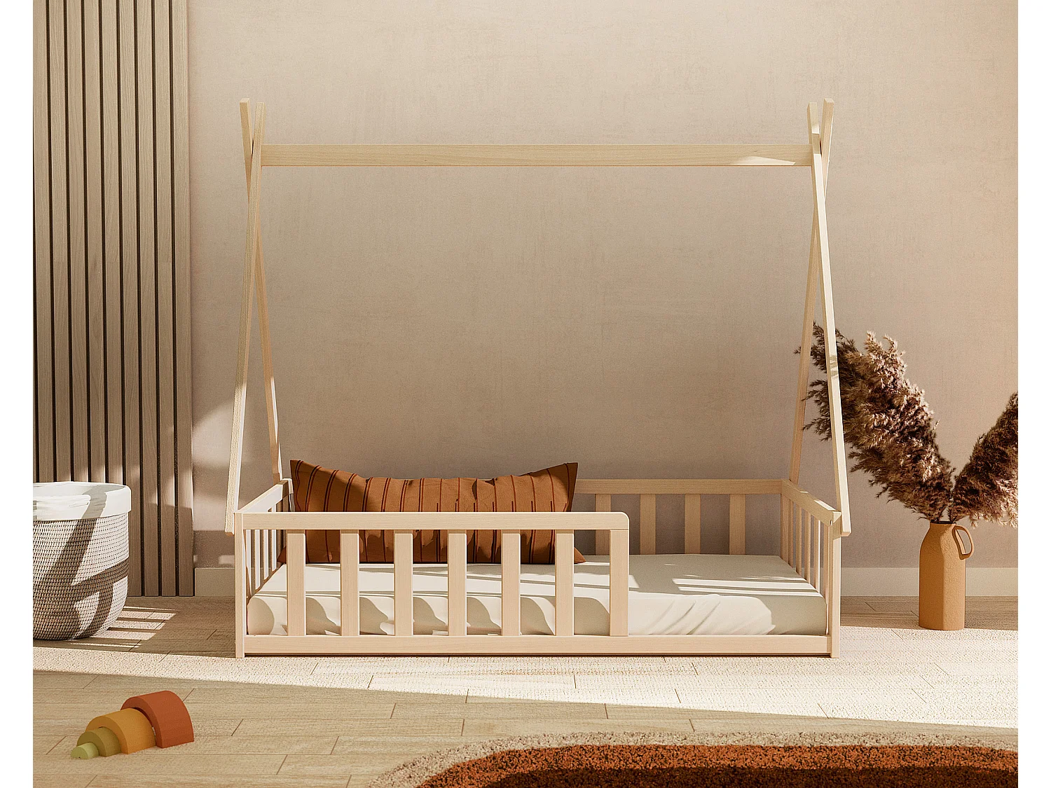 Lit Tipi au sol 70 x 140 en bois Hêtre Brut