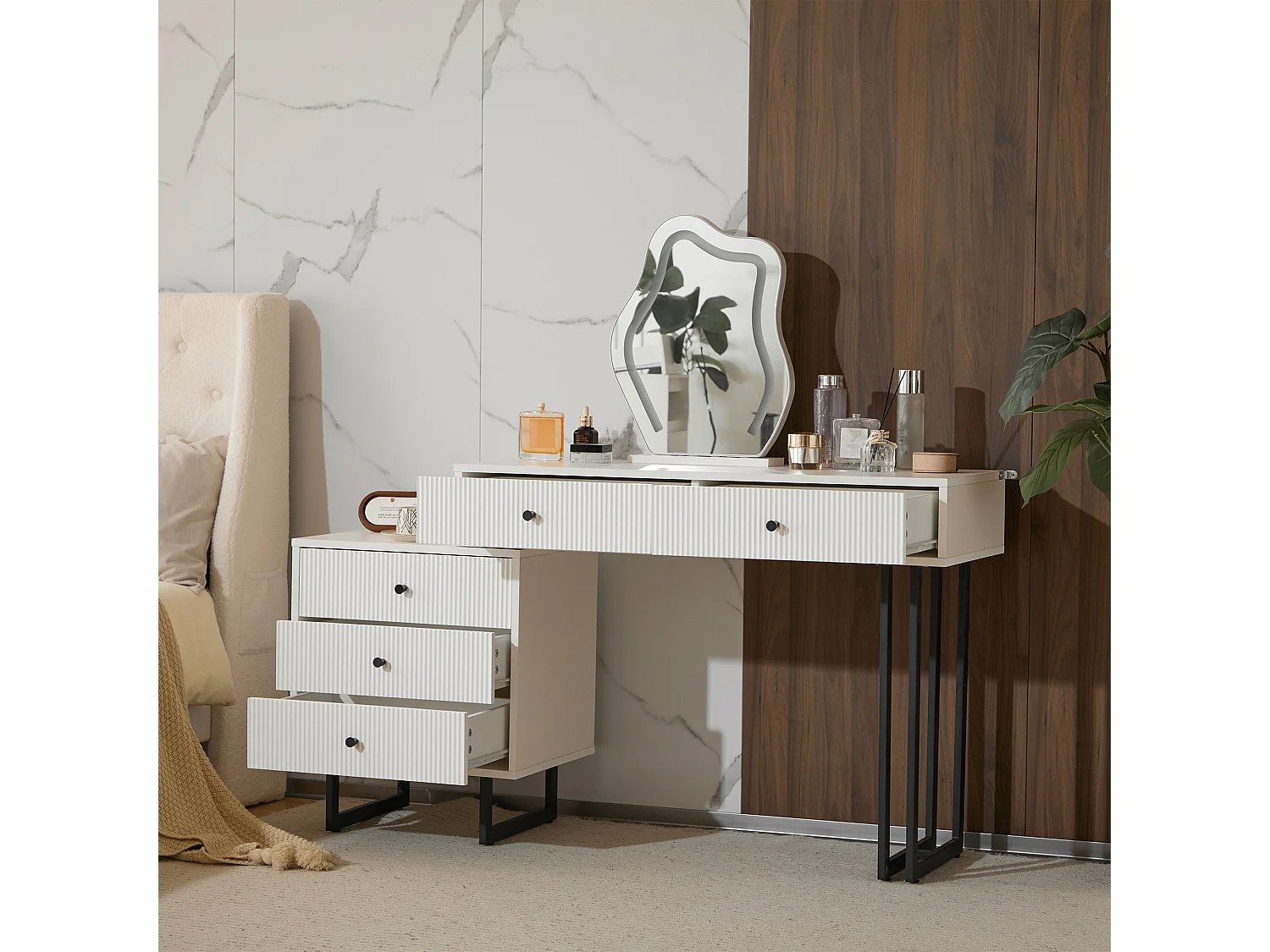 Kaptafel met spiegel en 5 laden - 100 x 40 x 76 cm - Spaanplaat - LED's - Uitschuifbaar blad - Wit (zonder kruk)