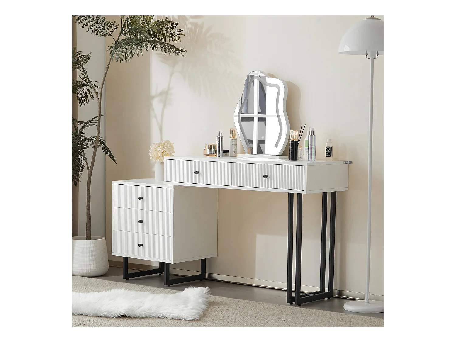 Coiffeuse avec miroir et 5 tiroirs - 100 x 40 x 76 cm - Panneau de particules - LEDs - Plateau extensible - Blanc (sans tabouret)