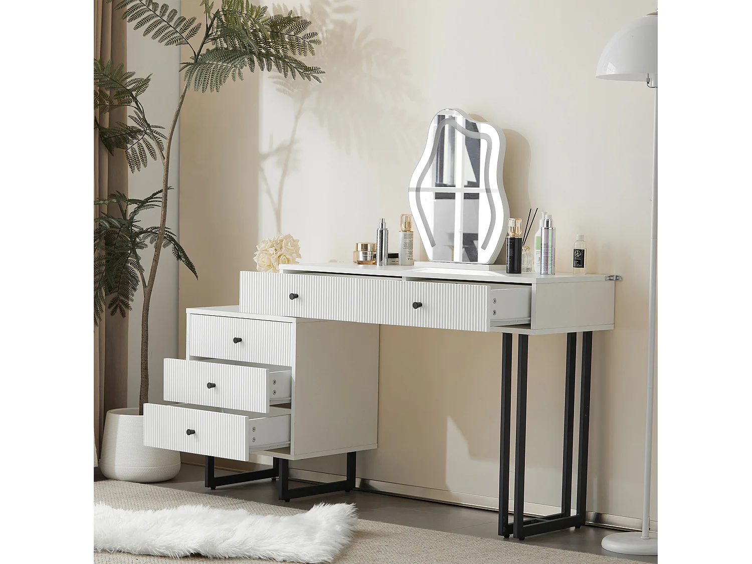 Coiffeuse avec miroir et 5 tiroirs - 100 x 40 x 76 cm - Panneau de particules - LEDs - Plateau extensible - Blanc (sans tabouret)