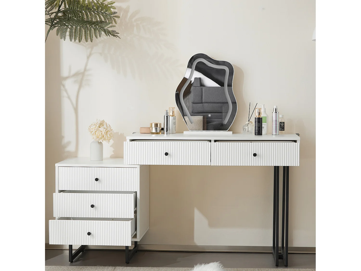 Coiffeuse avec miroir et 5 tiroirs - 100 x 40 x 76 cm - Panneau de particules - LEDs - Plateau extensible - Blanc (sans tabouret)