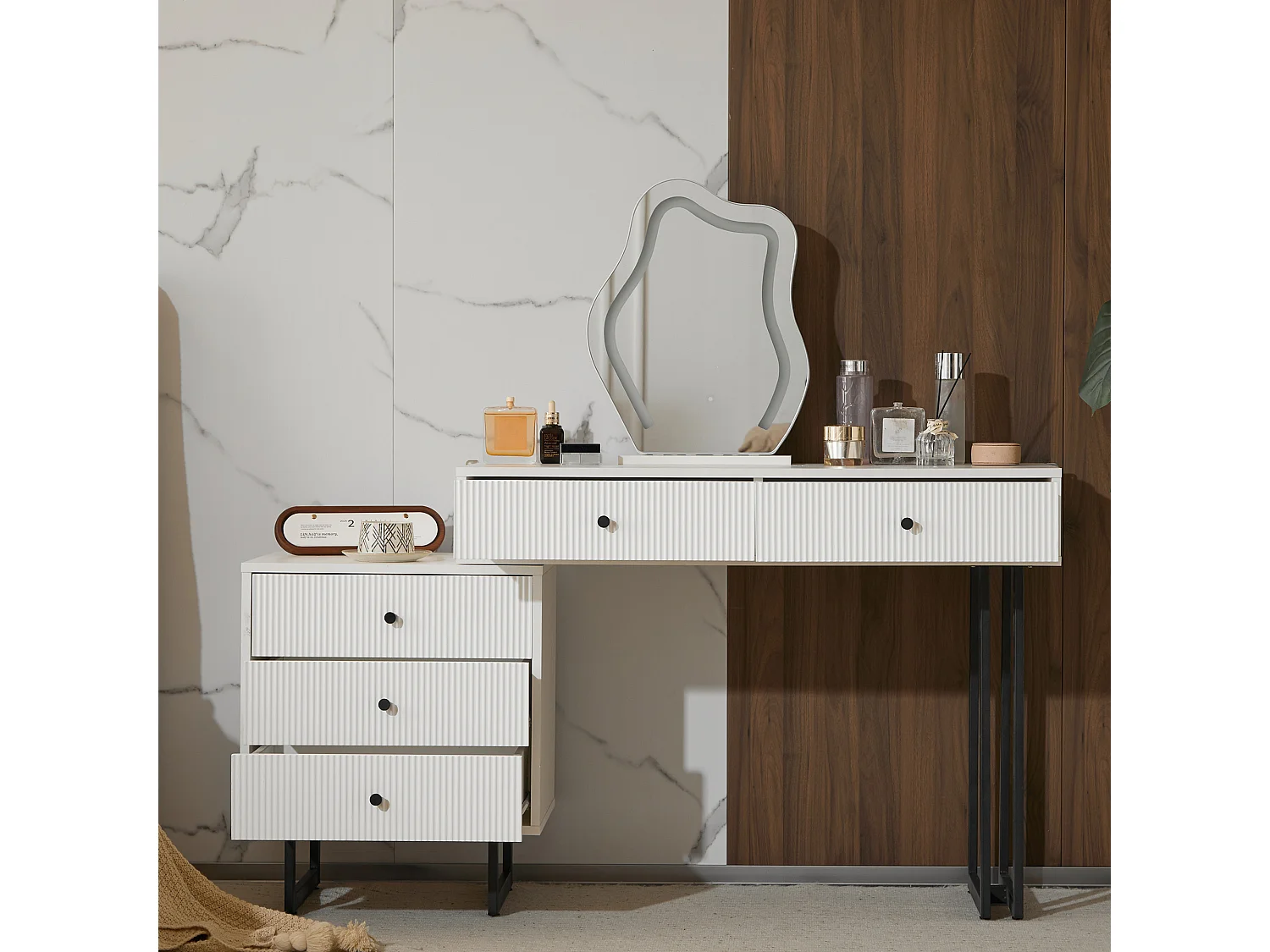 Coiffeuse avec miroir et 5 tiroirs - 100 x 40 x 76 cm - Panneau de particules - LEDs - Plateau extensible - Blanc (sans tabouret)