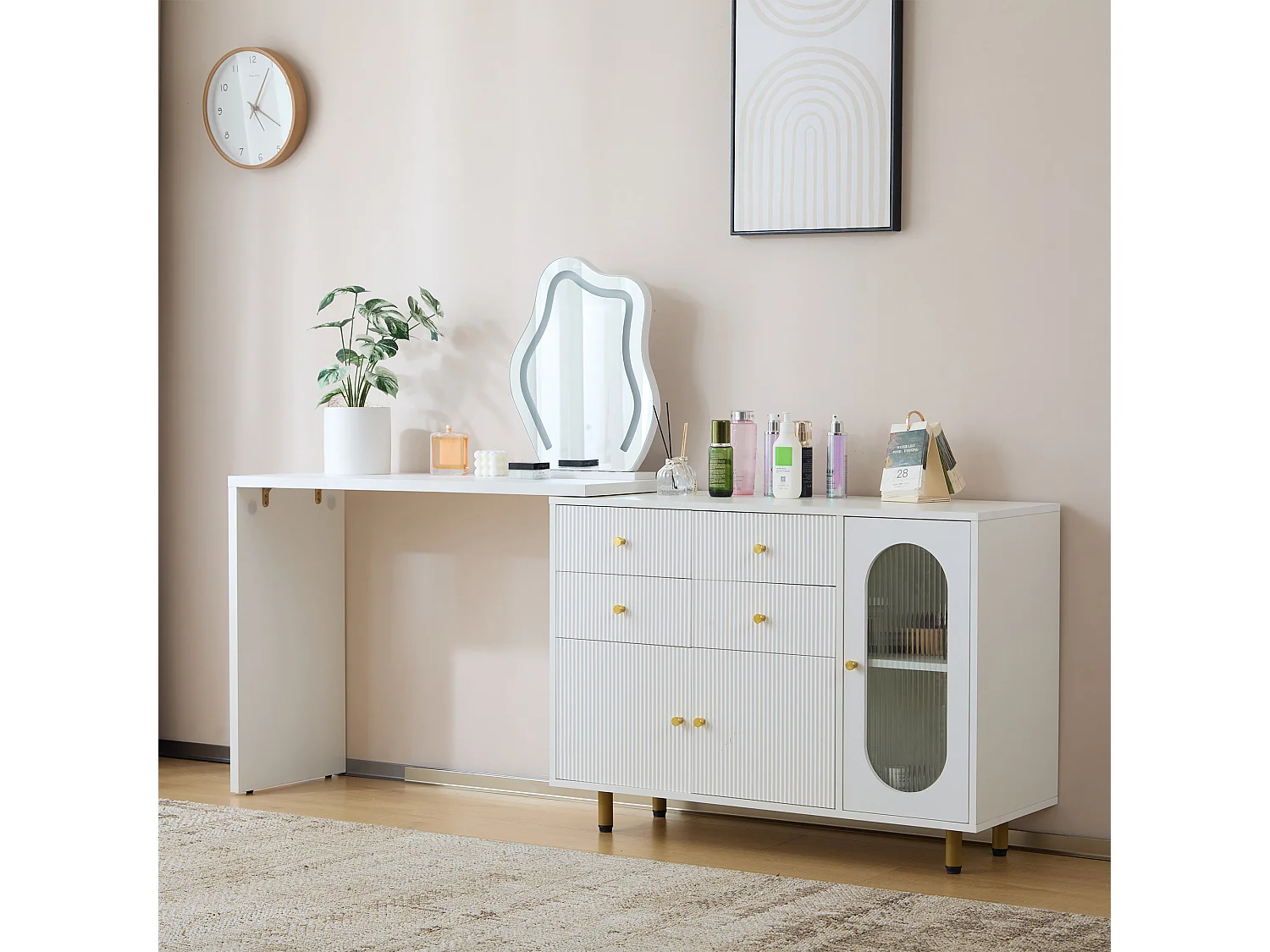 Coiffeuse extensible avec miroir, 4 tiroirs et 3 portes - 100 x 40 x 74.5 cm - Panneau de particules - LEDs - Blanc (sans tabouret)