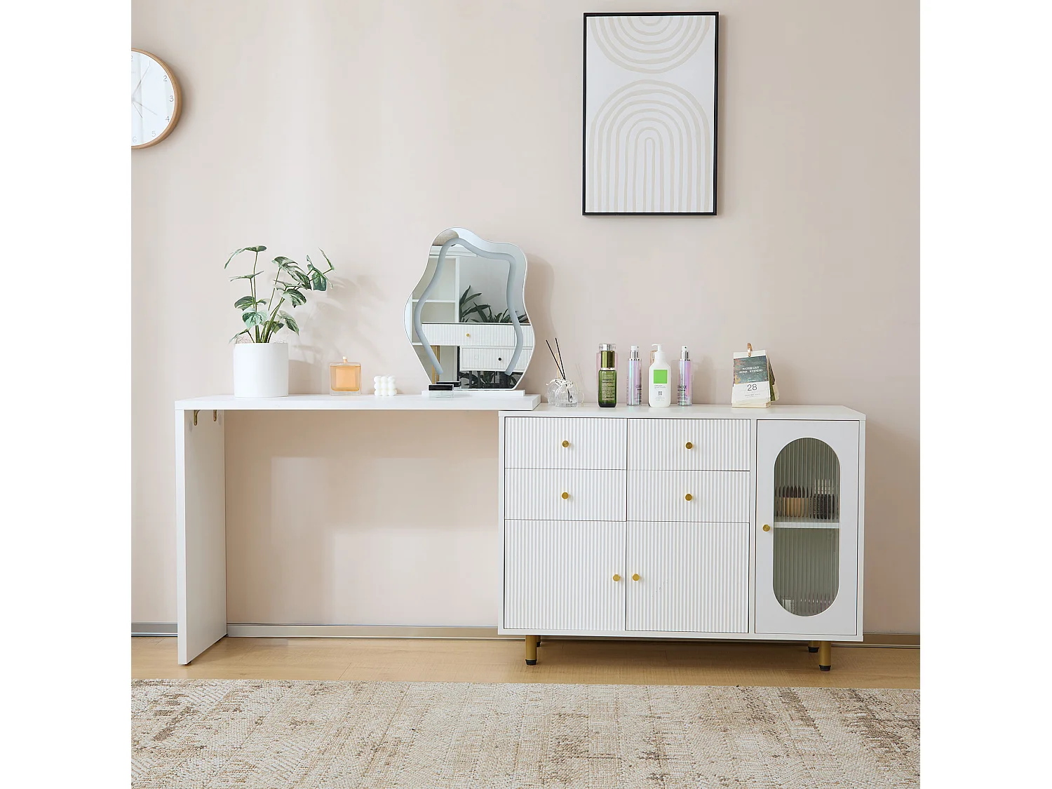 Coiffeuse extensible avec miroir, 4 tiroirs et 3 portes - 100 x 40 x 74.5 cm - Panneau de particules - LEDs - Blanc (sans tabouret)