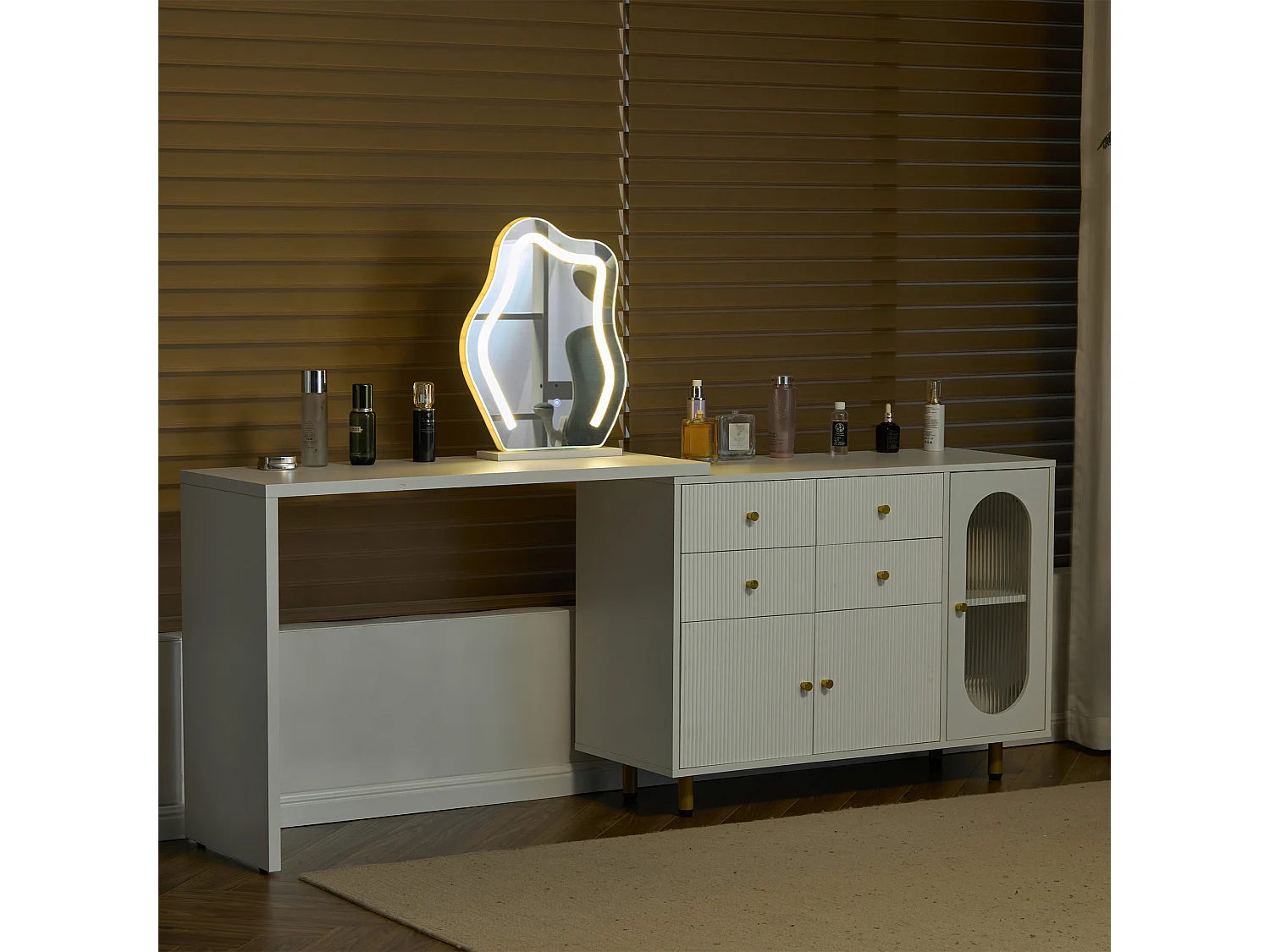 Coiffeuse extensible avec miroir, 4 tiroirs et 3 portes - 100 x 40 x 74.5 cm - Panneau de particules - LEDs - Blanc (sans tabouret)