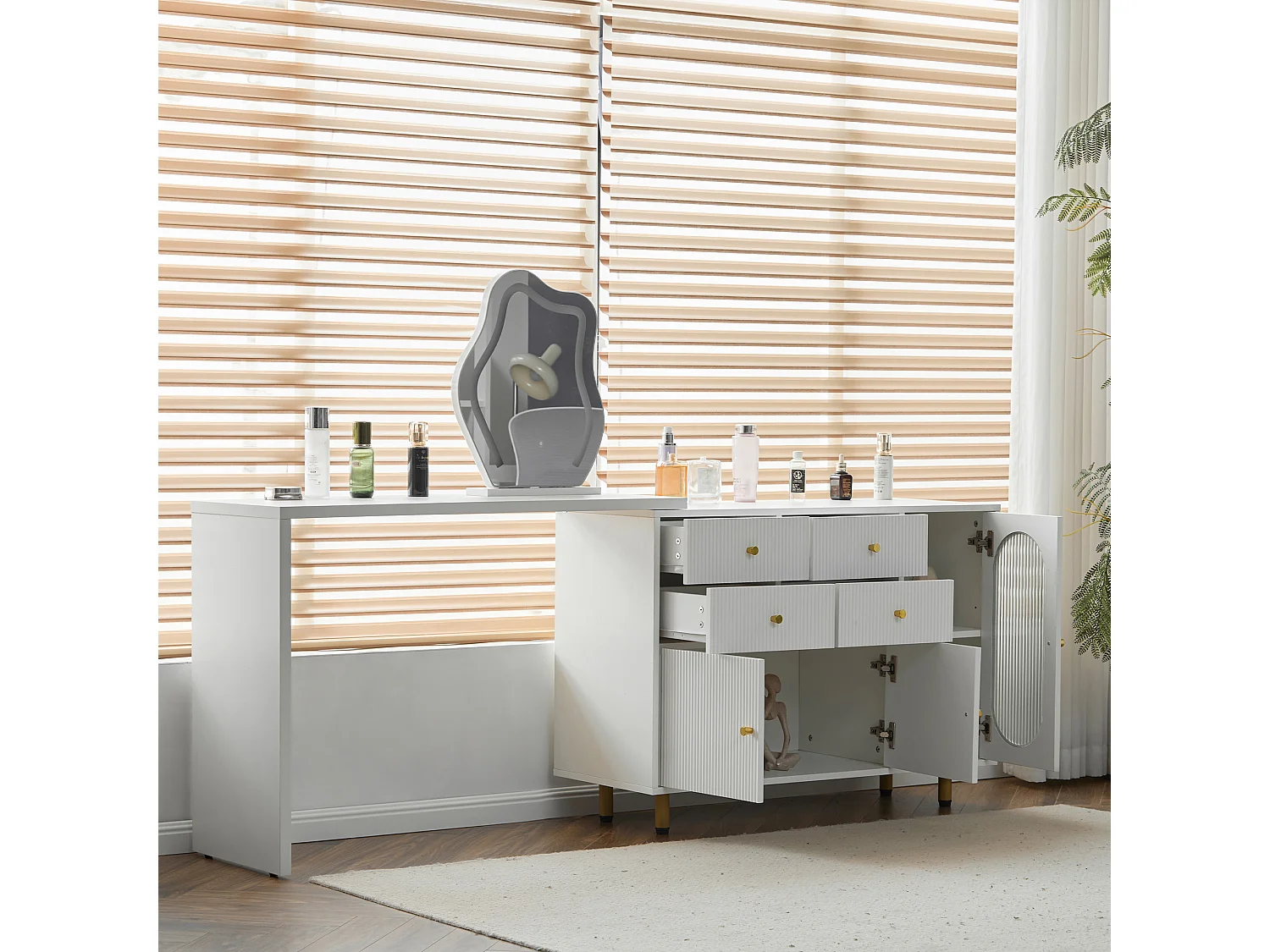 Coiffeuse extensible avec miroir, 4 tiroirs et 3 portes - 100 x 40 x 74.5 cm - Panneau de particules - LEDs - Blanc (sans tabouret)
