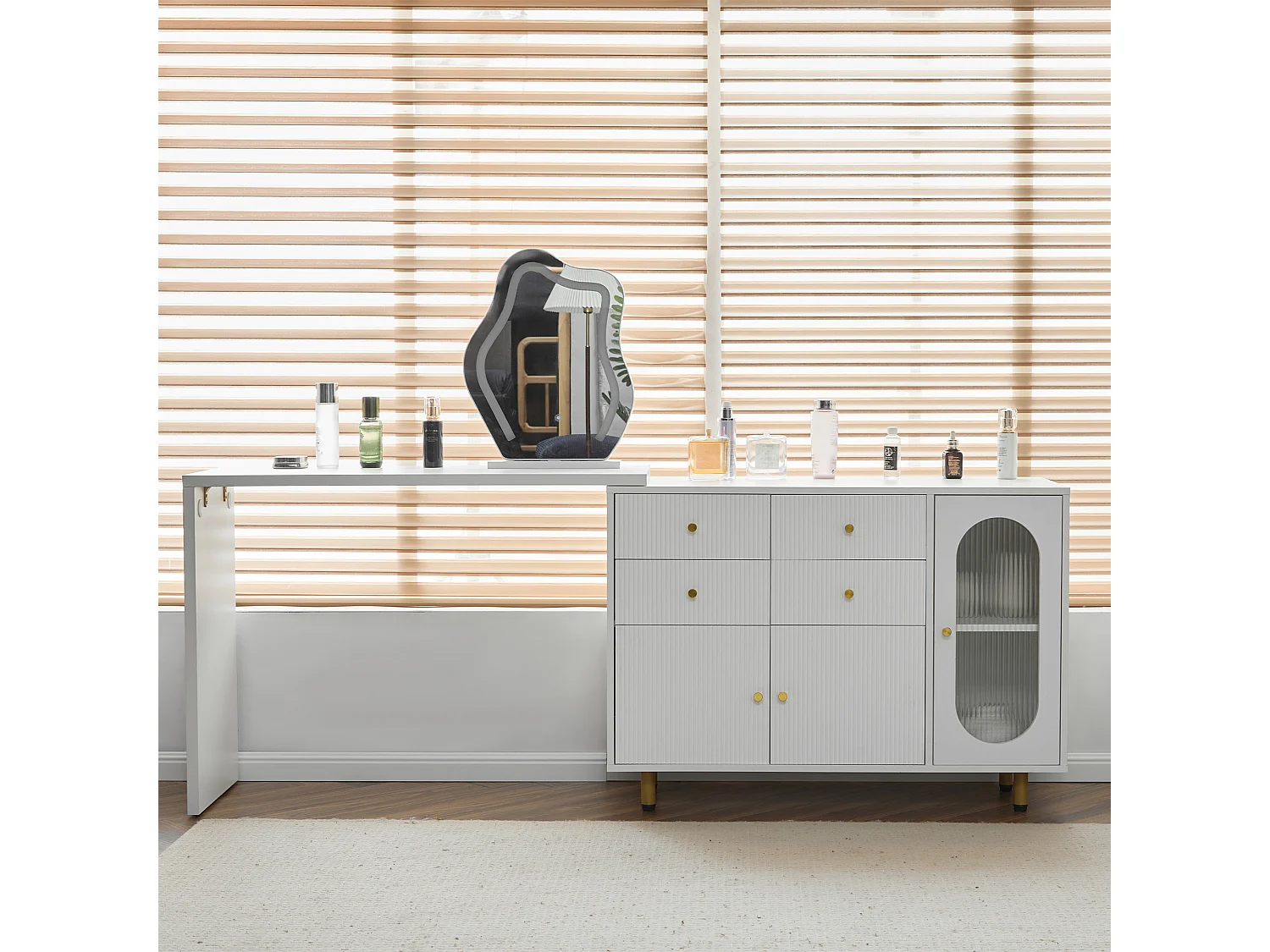 Coiffeuse extensible avec miroir, 4 tiroirs et 3 portes - 100 x 40 x 74.5 cm - Panneau de particules - LEDs - Blanc (sans tabouret)