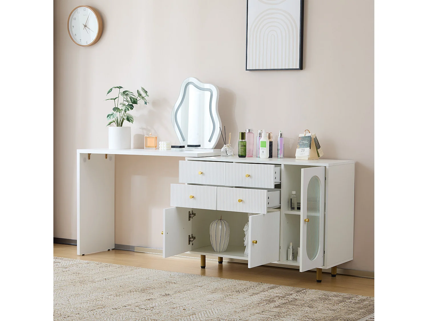 Coiffeuse extensible avec miroir, 4 tiroirs et 3 portes - 100 x 40 x 74.5 cm - Panneau de particules - LEDs - Blanc (sans tabouret)