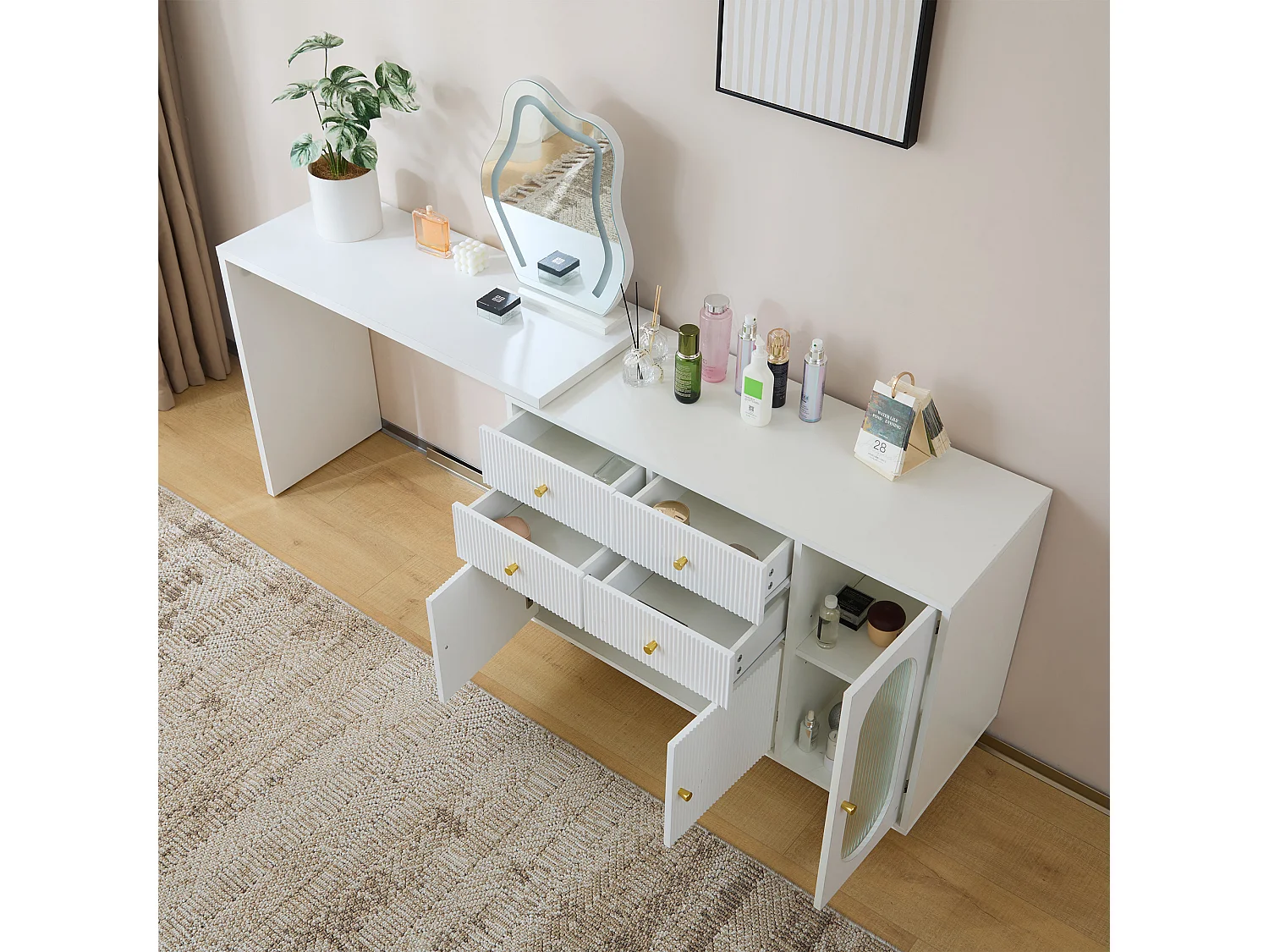 Coiffeuse extensible avec miroir, 4 tiroirs et 3 portes - 100 x 40 x 74.5 cm - Panneau de particules - LEDs - Blanc (sans tabouret)