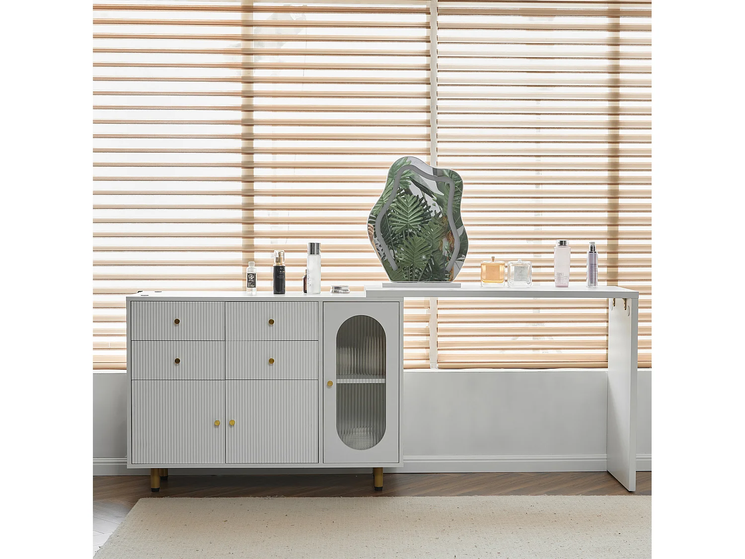 Coiffeuse extensible avec miroir, 4 tiroirs et 3 portes - 100 x 40 x 74.5 cm - Panneau de particules - LEDs - Blanc (sans tabouret)