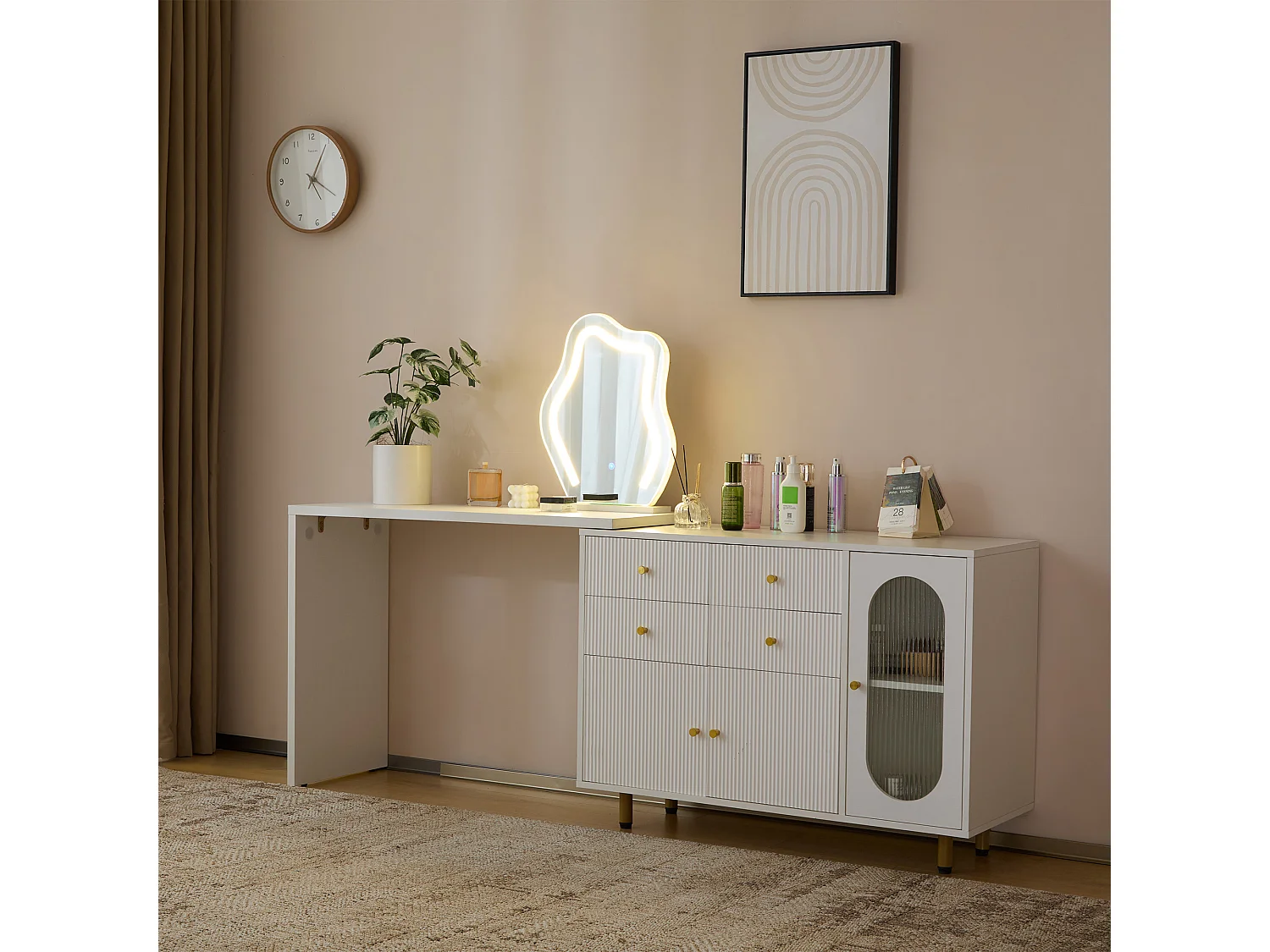 Coiffeuse extensible avec miroir, 4 tiroirs et 3 portes - 100 x 40 x 74.5 cm - Panneau de particules - LEDs - Blanc (sans tabouret)