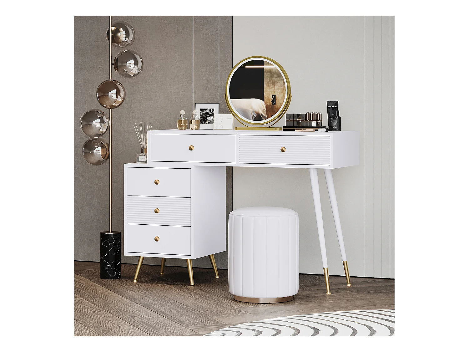Coiffeuse avec miroir et 5 tiroirs - 100 x 40 x 78 cm - Panneau de particules - LEDs -  Blanc (sans tabouret)