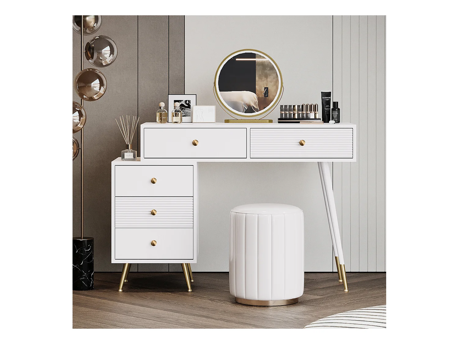 Toeletta con specchio e 5 cassetti - 100 x 40 x 78 cm - Truciolare - LED - Bianco (senza sgabello)