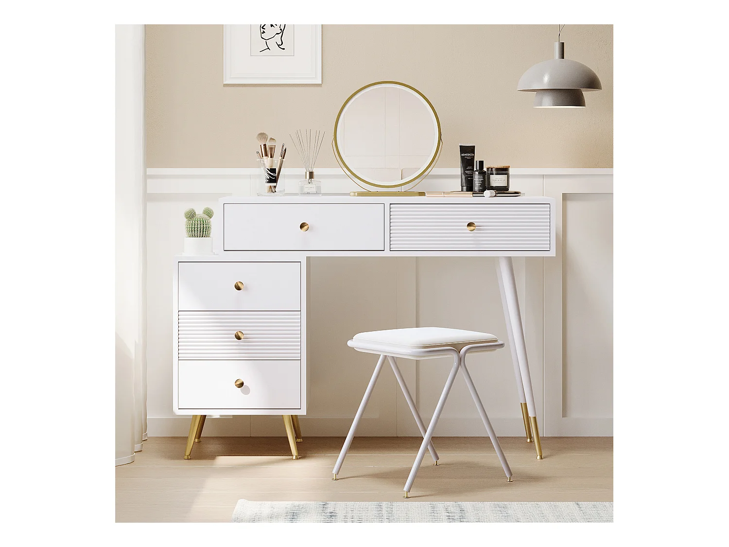 Toeletta con specchio e 5 cassetti - 100 x 40 x 78 cm - Truciolare - LED - Bianco (senza sgabello)