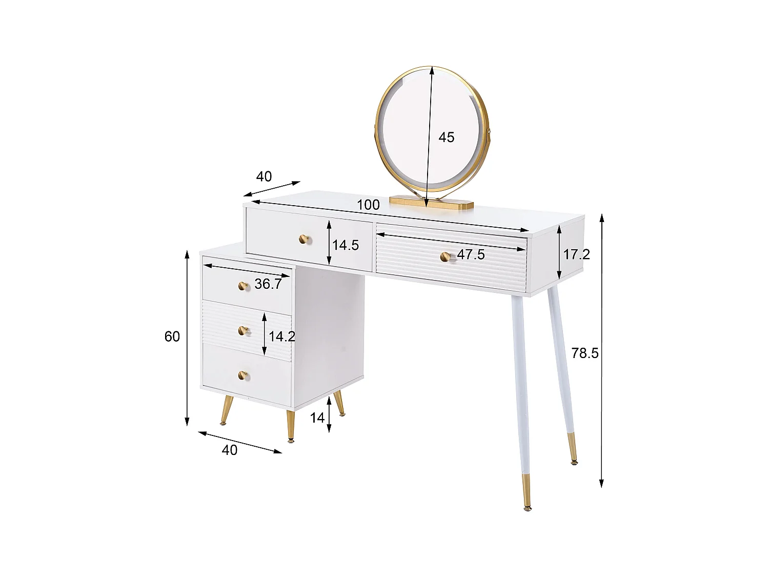 Toeletta con specchio e 5 cassetti - 100 x 40 x 78 cm - Truciolare - LED - Bianco (senza sgabello)