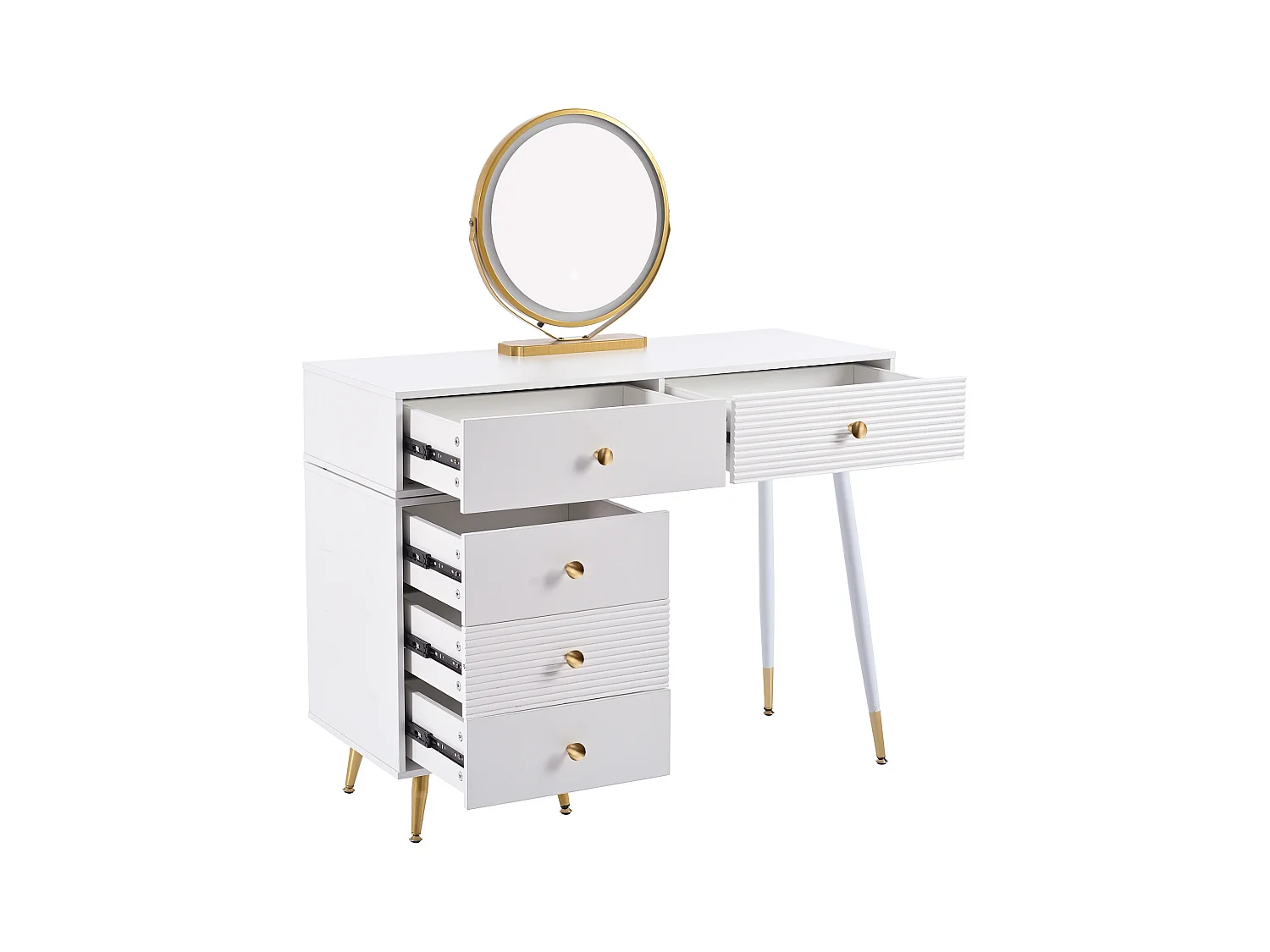 Toeletta con specchio e 5 cassetti - 100 x 40 x 78 cm - Truciolare - LED - Bianco (senza sgabello)