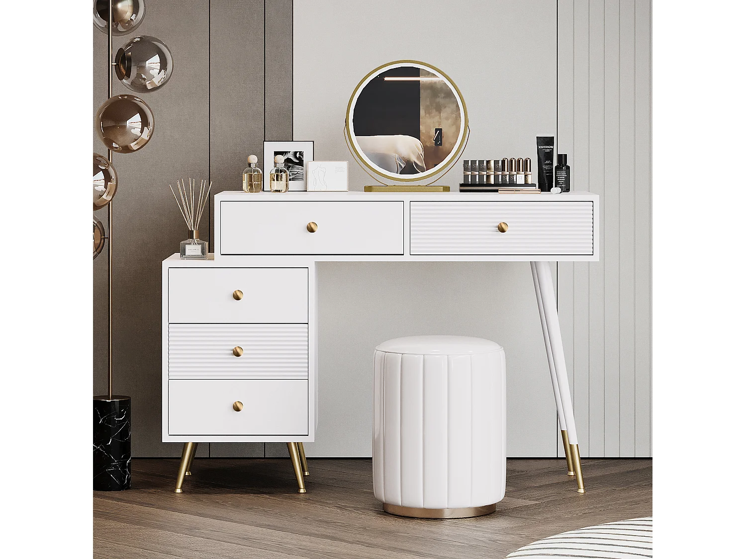 Coiffeuse avec miroir et 5 tiroirs - 100 x 40 x 78 cm - Panneau de particules - LEDs -  Blanc (sans tabouret)