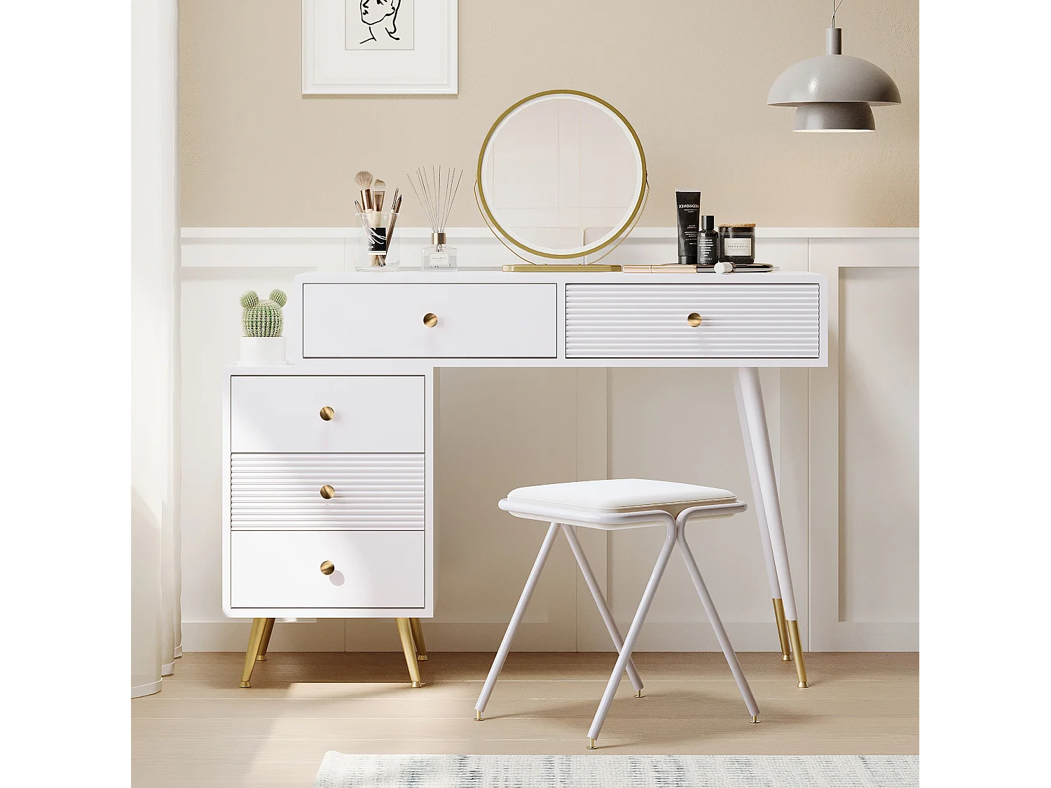 Coiffeuse avec miroir et 5 tiroirs - 100 x 40 x 78 cm - Panneau de particules - LEDs -  Blanc (sans tabouret)