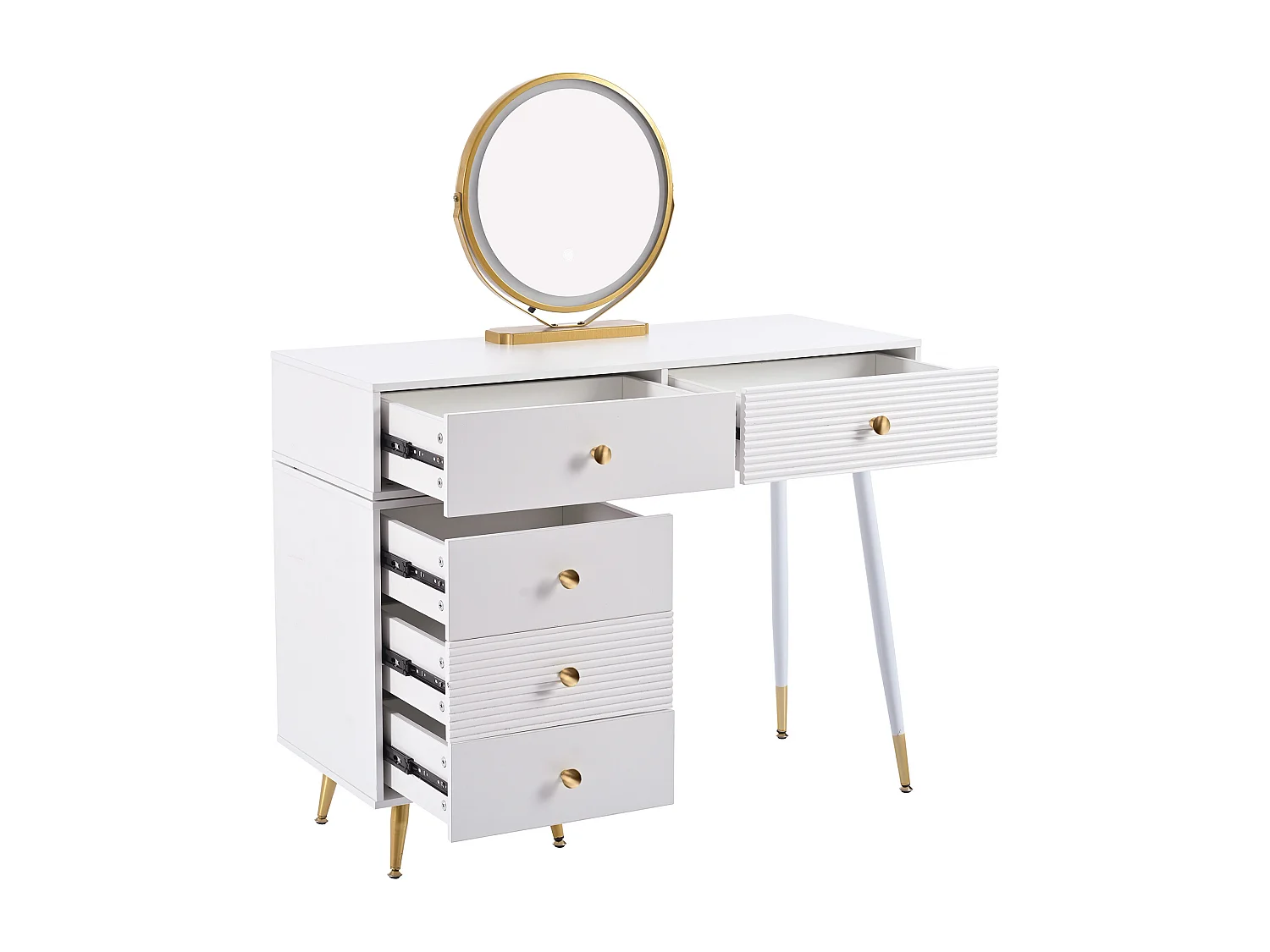 Coiffeuse avec miroir et 5 tiroirs - 100 x 40 x 78 cm - Panneau de particules - LEDs -  Blanc (sans tabouret)